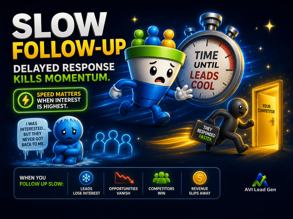 A colorful image depicting the most common of the business growth bottlenecks. A worried cartoon funnel chases a stopwatch labeled Time Until Leads Cool, toward a door marked Your Competitor, with text warning that slow follow-up kills momentum and leads to lost interest, lost opportunities, and lost revenue.