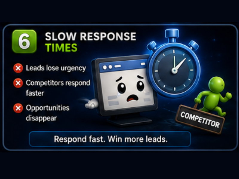 A graphic showing a computer with a worried face, a stopwatch, and a green figure labeled Competitor running. Text highlights issues with slow response times: lost urgency, faster competitors, and missed opportunities.