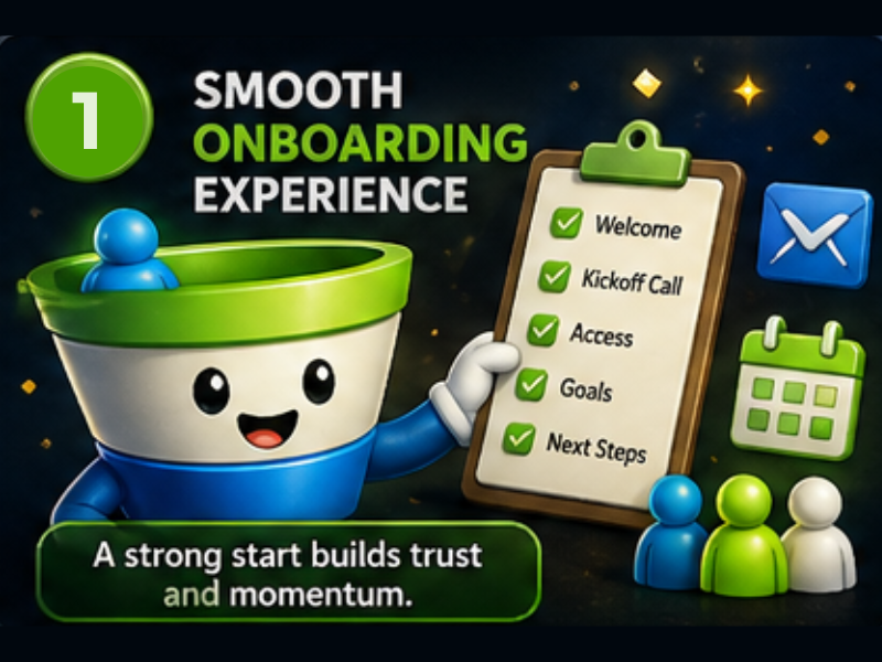 Cartoon funnel character points to a checklist: Welcome, Kickoff Call, Access, Goals, Next Steps. Clipboard, calendar, and people icons highlight the client onboarding process. Text reads: Smooth onboarding experience.
