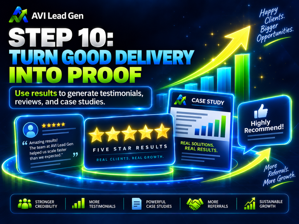 A digital graphic for AVI Lead Gen shows STEP 10: TURN GOOD DELIVERY INTO PROOF with visuals of reviews, testimonials, and stars, highlighting the value of client feedback for growth and credibility. This step underscores what happens after closing a client by emphasizing how a strong client delivery process can transform positive experiences into compelling proof—an essential element in effective client retention strategies.