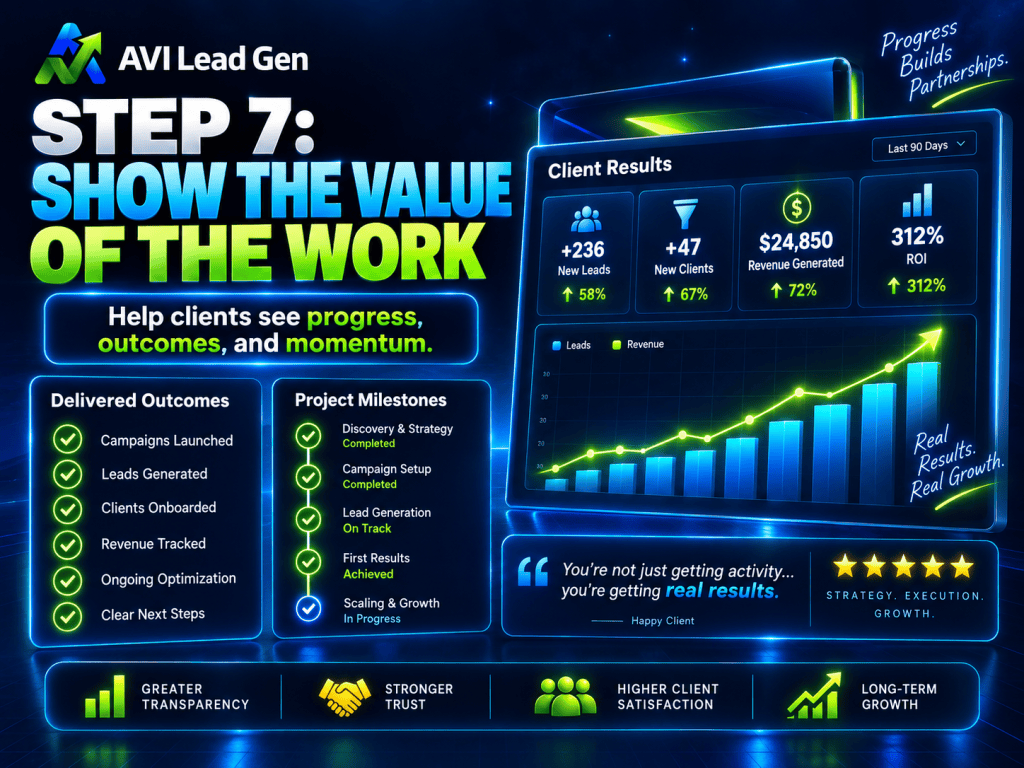 A digital infographic titled Step 7: Show the Value of the Work lists client results, delivered outcomes, milestones, and four benefits: transparency, trust, higher satisfaction, and long-term growth. By highlighting these elements within the post-sale process, the infographic demonstrates effective client retention strategies that drive ongoing success.