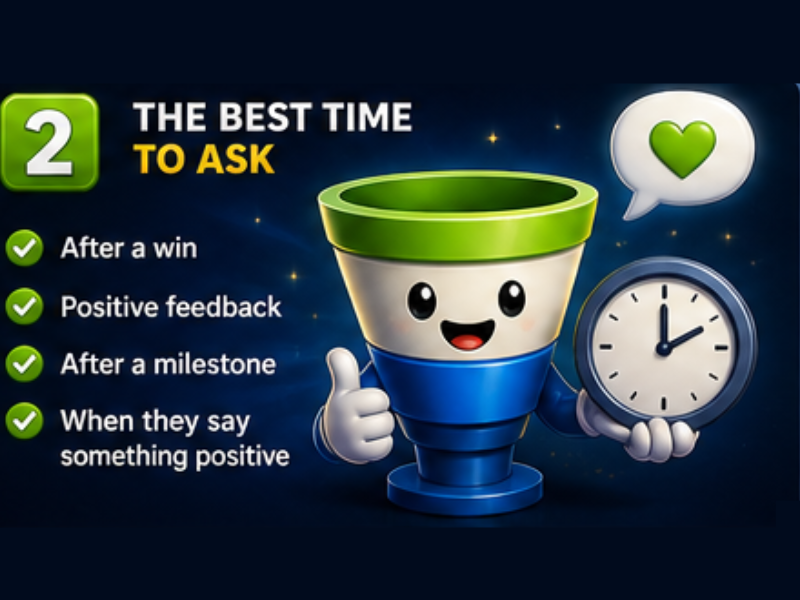 A cheerful cartoon funnel holds a clock and gives a thumbs up. Text reads: 2. The best time to ask: After a win, Positive feedback, After a milestone, When they say something positive. Heart icon above.