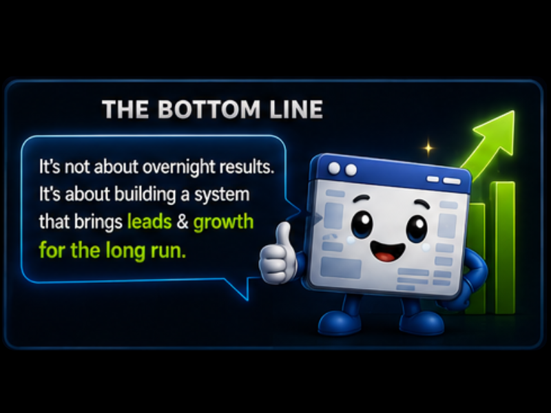 A cartoon window character gives a thumbs up next to a glowing chart with an upward arrow. Text reads: Its not about overnight results. Its about building a system that brings leads & growth for the long run.