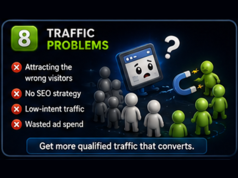 A graphic lists “8 Traffic Problems” with icons: attracting wrong visitors, no SEO strategy, low-intent traffic, and wasted ad spend. Cartoon figures stand near a sad computer and a magnet attracting fewer green figures.