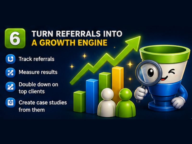 A graphic with a green number 6 and the text Turn Referrals into a Growth Engine. It features a smiling funnel cartoon holding a magnifying glass, a rising green arrow, bar chart, and icons with four referral strategy tips.