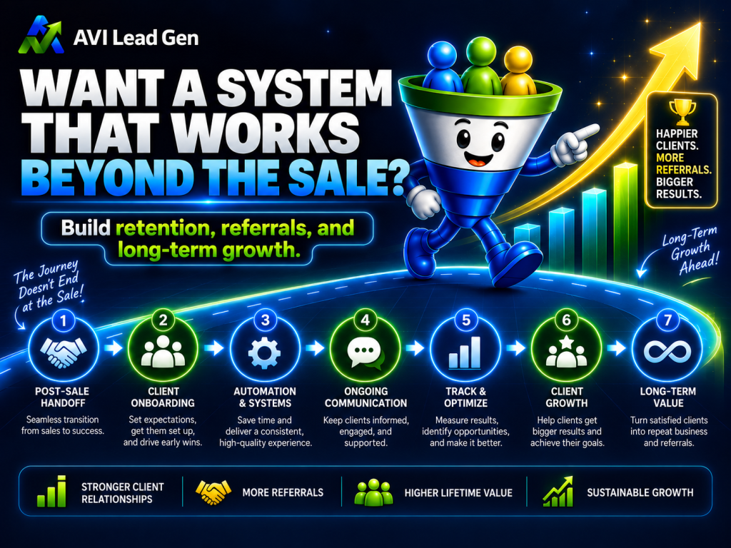 A colorful infographic promoting a lead generation system, featuring a smiling funnel mascot and steps—including what happens after closing a client, the client onboarding process, automation, ongoing communication, tracking, and long-term client retention strategies.