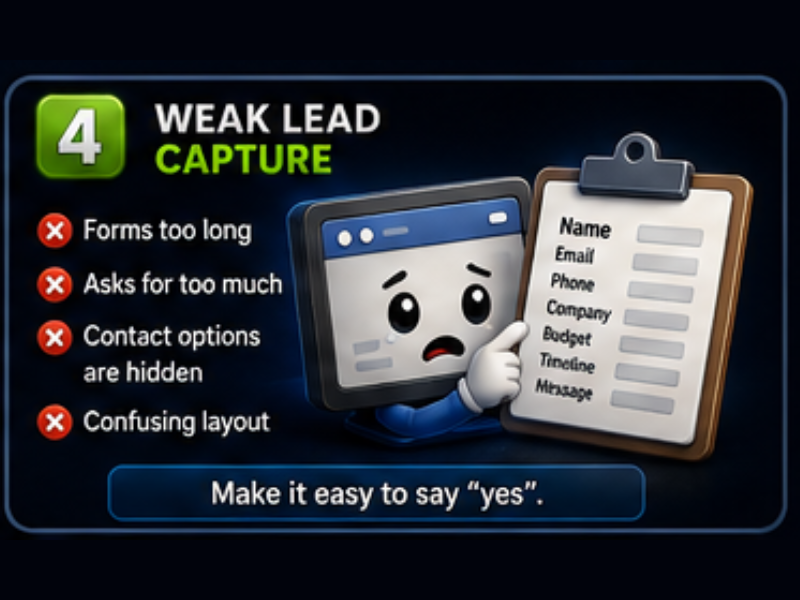 A cartoon computer holds a clipboard with lead capture fields. Next to it, reasons for weak lead capture are listed: forms too long, asks for too much, contact options hidden, and confusing layout.