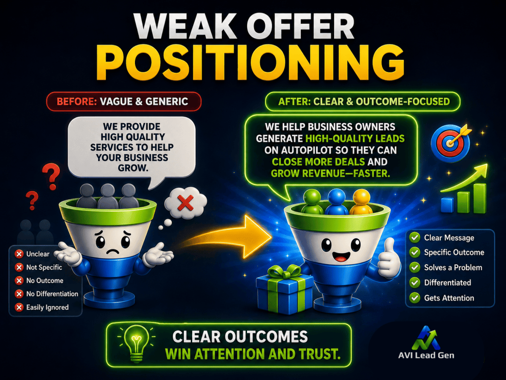 Infographic showing a bottleneck of getting leads but no sales due to weak offer positioning. It's contrasting vague & generic vs. clear & outcome-focused business offers, using funnels with colored balls and icons to show the benefits of clear messaging for generating more revenue and winning customer trust.