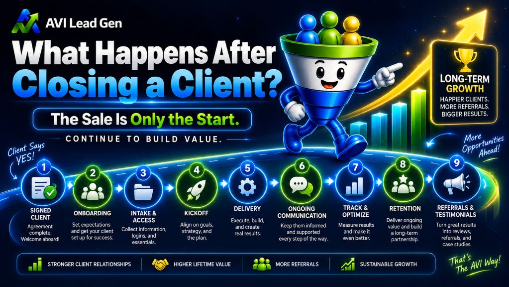 Infographic illustrating what happens after closing a client: signed client, onboarding, intake & access, kickoff, client delivery process, ongoing communication, track & optimize, client retention strategies, referrals & testimonials—all visually supported with engaging graphics and a growth chart.