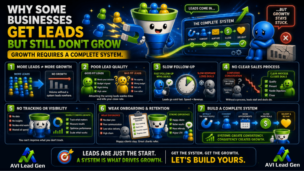 Colorful infographic titled Why Some Businesses Get Leads But Still Don’t Grow, showing cartoon characters and icons explaining seven reasons for growth issues, including poor lead quality, slow follow-up, and lack of tracking or system.