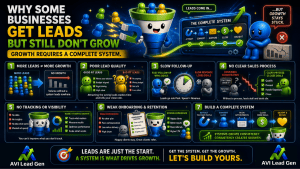 Colorful infographic titled Why Some Businesses Get Leads But Still Don’t Grow, showing cartoon characters and icons explaining seven reasons for growth issues, including poor lead quality, slow follow-up, and lack of tracking or system.