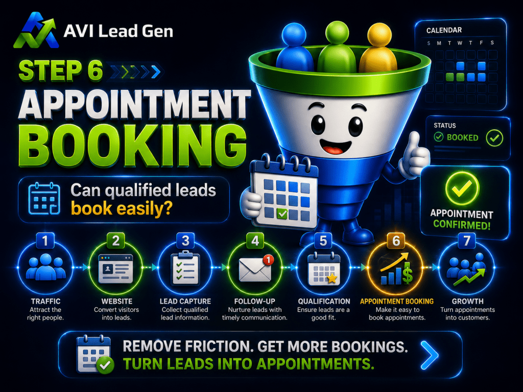 A colorful infographic titled Step 6: Appointment Booking shows a cheerful funnel character holding a calendar, with icons illustrating steps from the sales funnel audit. Text explains booking qualified leads and highlights appointment confirmation.