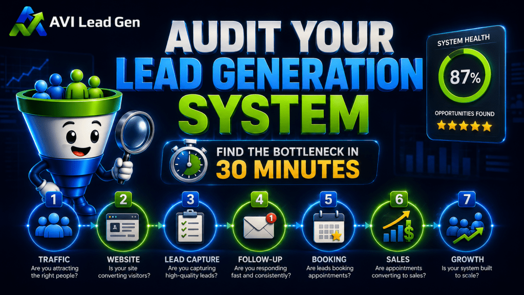 Bright infographic titled “Audit Your Lead Generation System.” Features a smiling funnel mascot, a System Health meter at 87%, steps for improving leads, and “Find the Marketing Bottleneck Audit in 30 Minutes.”.