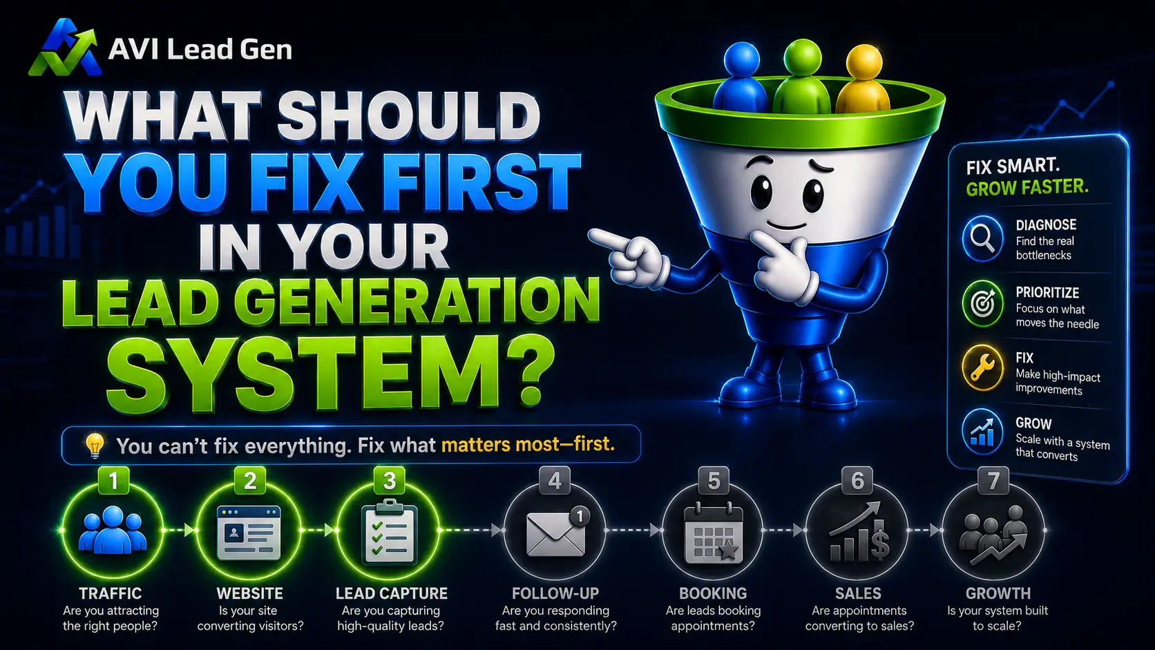 An infographic with a blue funnel mascot points to text: What should you fix first in your lead generation system? Six steps are shown: traffic, website, lead capture, follow-up, booking, sales. A sidebar lists steps to prioritize fixes.