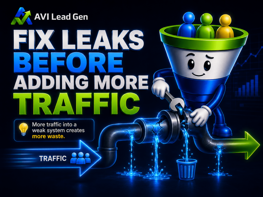 A cartoon funnel with figures inside fixes leaking pipes labeled TRAFFIC with a wrench. Text reads: Fix leaks before adding more traffic. More traffic into a weak system creates more waste. AVI Lead Gen logo is visible.