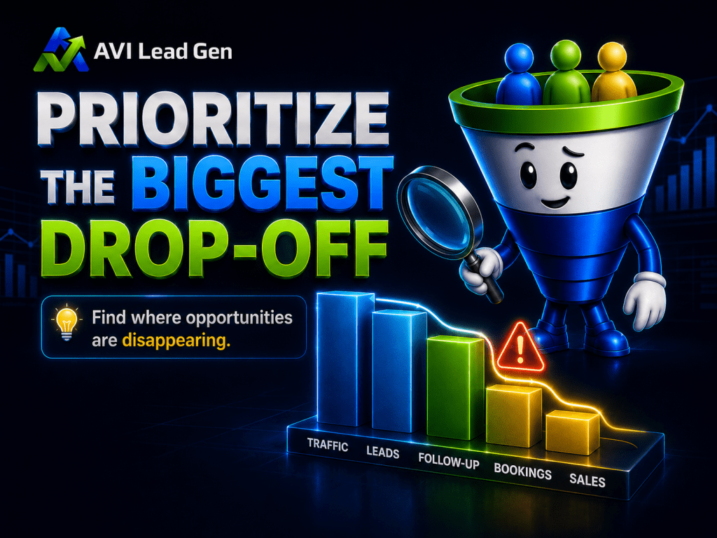 A cartoon funnel character with a magnifying glass stands by a bar graph labeled Traffic, Leads, Follow-up, Bookings, Sales; Prioritize the Biggest Drop-Off is written in bold text. A warning icon highlights a drop-off point.