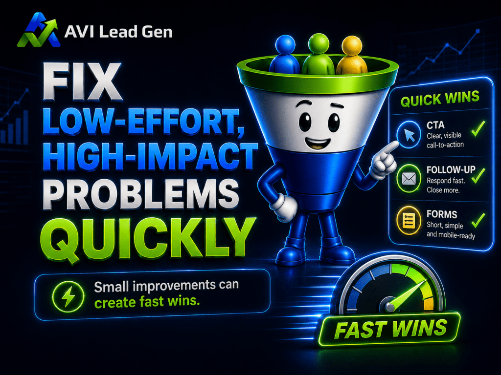 A cartoon funnel character with colorful people icons stands beside bold text: Fix low-effort, high-impact problems quickly. Tips for quick wins include CTA, follow-up, and forms, with a fast wins badge at the bottom.