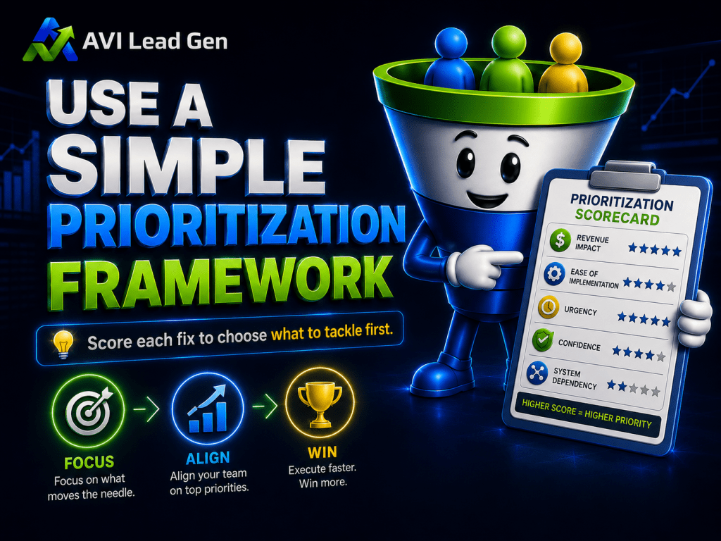 A cheerful funnel mascot points to a clipboard labeled “Prioritization Scorecard” with five categories. Text reads: “Use a Simple Prioritization Framework.” Three steps: Focus, Align, Win, are highlighted at the bottom.