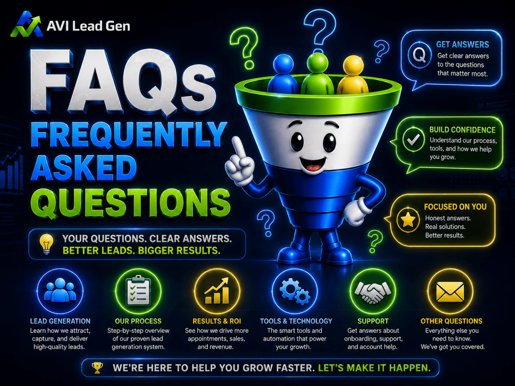 An illustrated FAQs poster features a smiling funnel mascot with colored figures. Key topics: getting answers, building confidence, staying focused, lead generation, process, ROI, tools, support, and other questions. Bright, bold text and icons.
