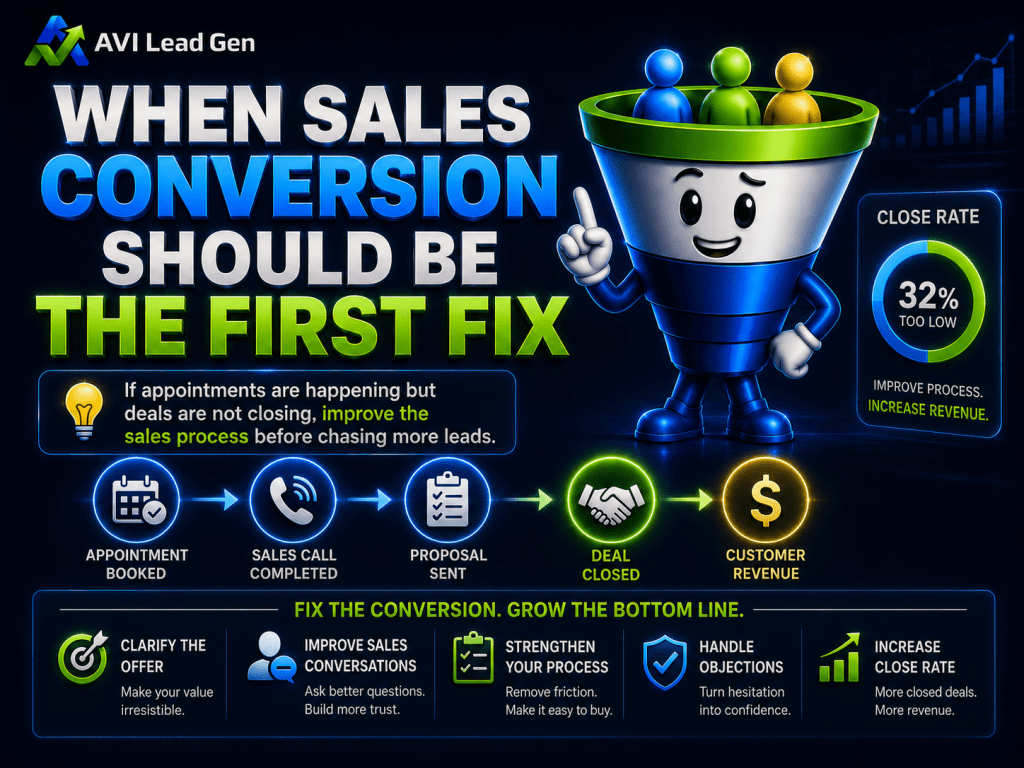 An infographic with a smiling funnel character explains improving sales conversion. It shows five sales steps and gives tips like clarifying offers, improving follow-up, and increasing close rates. A pie chart highlights a 32% close rate.