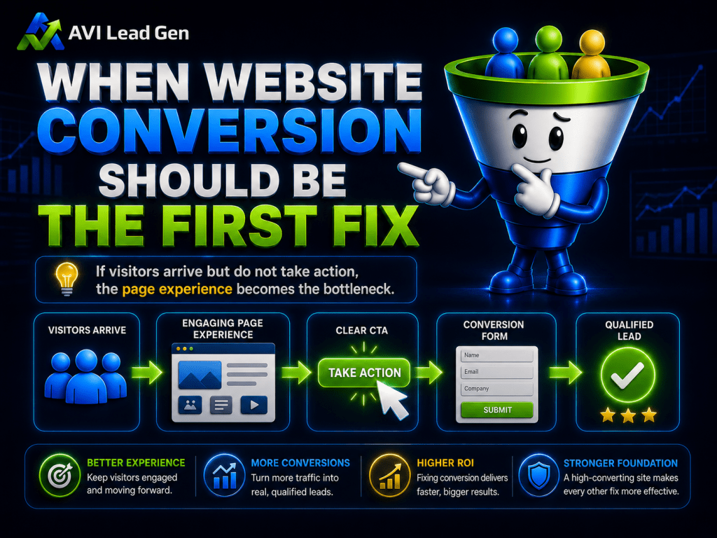 A graphic explains website conversion, showing a funnel from visitors to qualified leads. Icons illustrate steps: visitors, experience, call to action, form, lead. Benefits listed: experience, conversions, ROI, and stronger foundation.