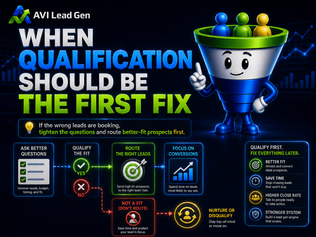 An infographic from AVI Lead Gen shows a person beside a sales funnel, explaining how to qualify sales leads. It highlights steps and tips for better lead qualification to improve conversions and outcomes.
