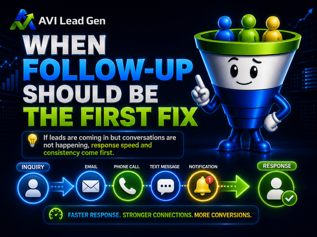 Illustration showing a smiling funnel character with the text “When follow-up should be the first fix.” It highlights the importance of quick responses in lead generation, with icons for inquiry methods and responses.