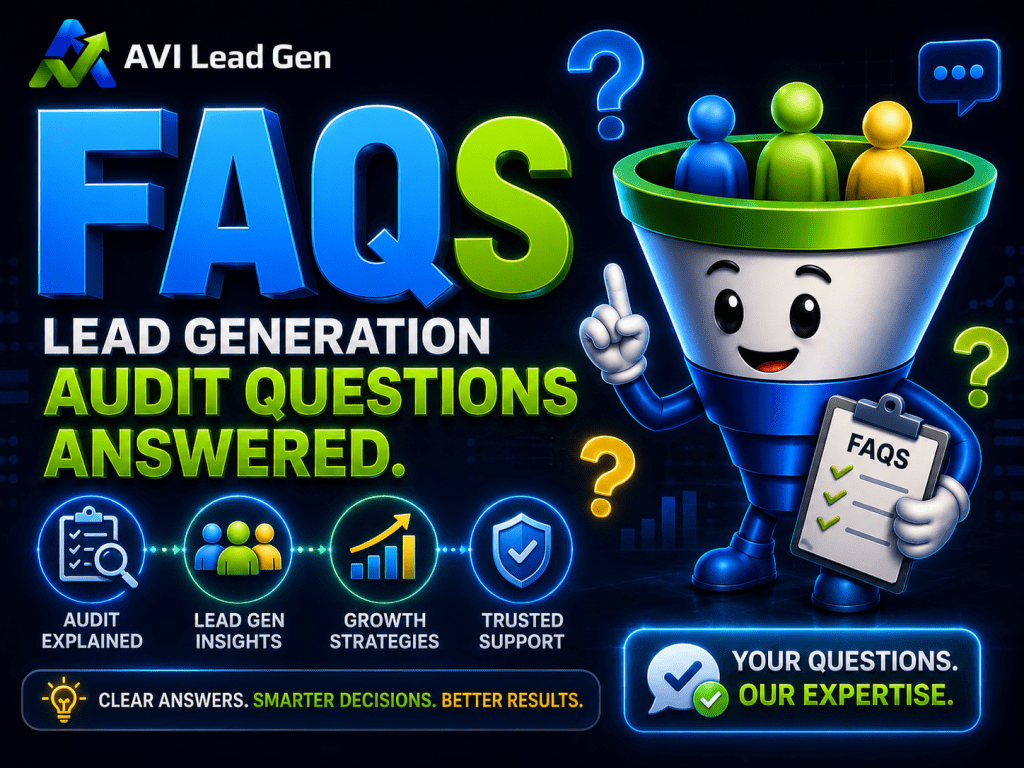 A colorful graphic for AVI Lead Gen shows a funnel with figures inside, a smiling clipboard character holding an FAQ sheet, and icons for sales funnel audit, insights, strategies, and support. Text highlights lead generation FAQ answers.