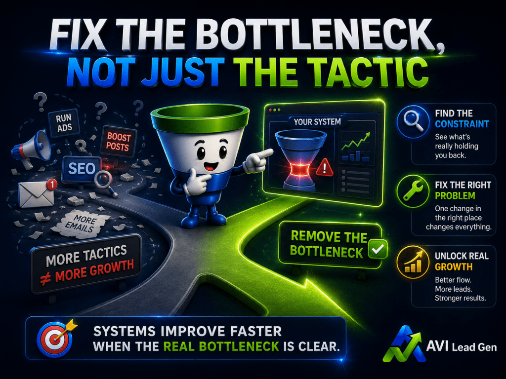 A cartoon funnel character points to a bright green path labeled Remove the Bottleneck, diverging from a dark road labeled More Tactics, More Growth. Tips on fixing bottlenecks are shown beside charts and growth icons. Text reads: Fix the Bottleneck, Not Just the Tactic.