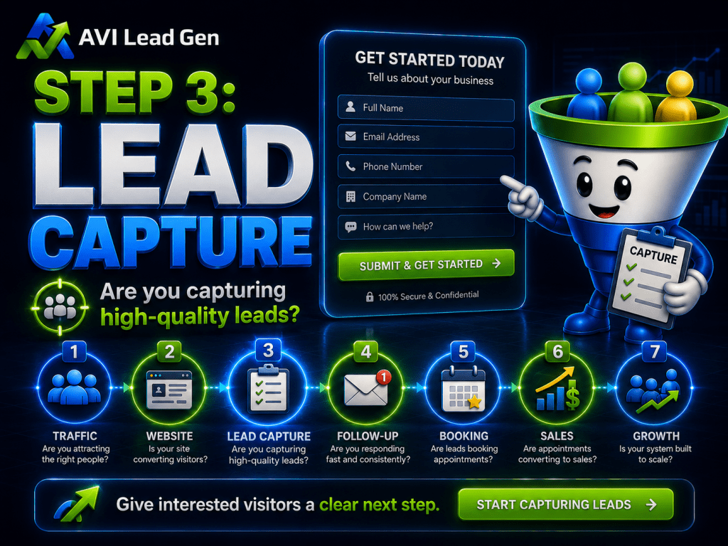 Infographic for AVI Lead Gen’s Step 3: Lead Capture. Features a funnel with leads, a form, six lead gen steps, and call-to-actions: “Give interested visitors a clear next step” and “Start Capturing Leads.” Perfect for your lead generation audit.