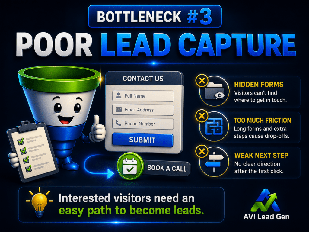 Infographic titled Bottleneck #3: Poor Lead Capture shows a funnel character with a checklist, a contact form, key issues (hidden forms, too much friction, weak next step), and a call to action for better lead conversion.