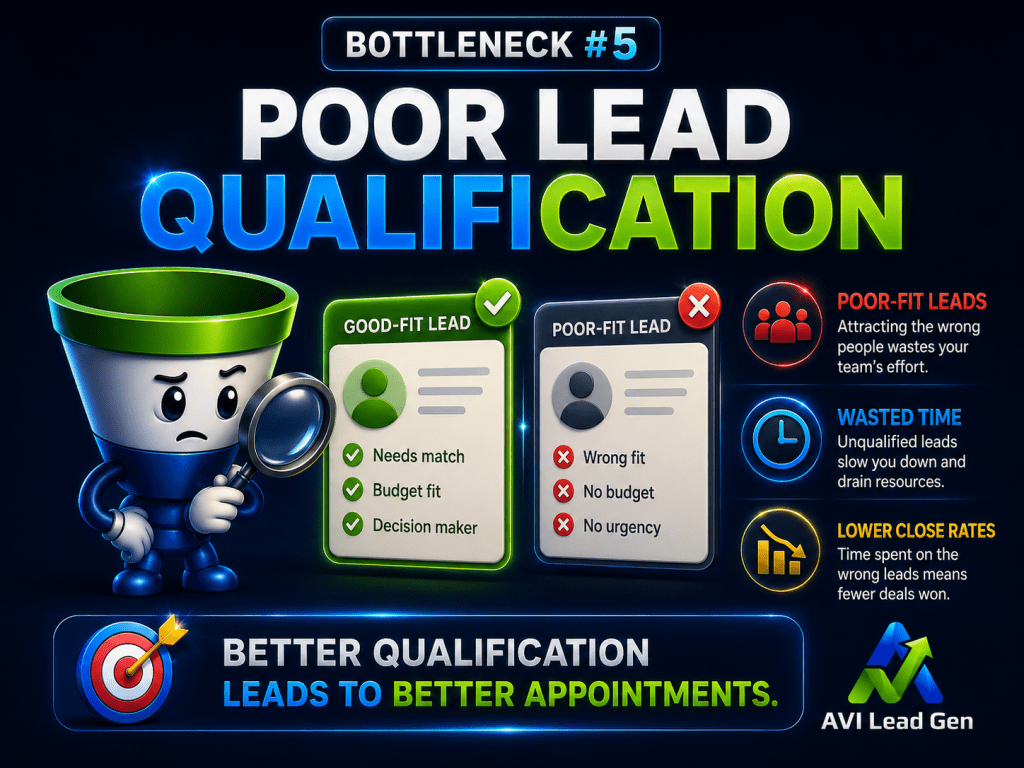 An infographic titled Bottleneck #5: Poor Lead Qualification shows a sad sales funnel bottlenecks cartoon with a magnifying glass. It compares good-fit and poor-fit leads, highlighting the benefits of better lead qualification. AVI Lead Gen logo is shown.