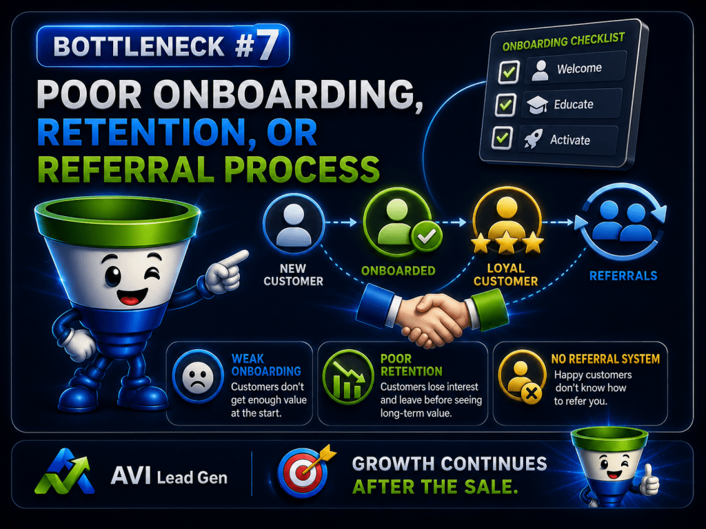 Infographic showing “Bottleneck #7: Poor Onboarding, Retention, or Referral Process” with a funnel mascot, customer journey icons, onboarding checklist, and tips for weak onboarding, poor retention, and no referral system.