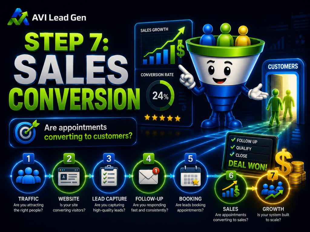A colorful infographic titled Step 7: Sales Conversion features a smiling funnel character with customers emerging, plus stats like a 24% conversion rate. Bright graphics and icons highlight key stages, perfect for a sales funnel audit or marketing bottleneck audit.