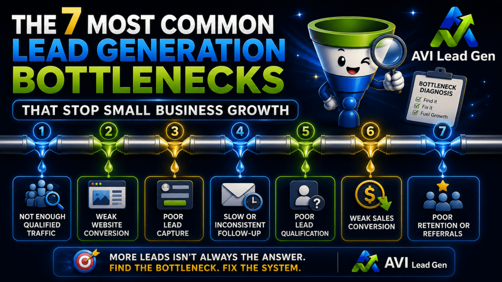 Infographic titled “The 7 Most Common Lead Generation Bottlenecks” features a funnel cartoon and icons for issues like low traffic, weak website, poor capture, and more—highlighting key challenges in small business growth.