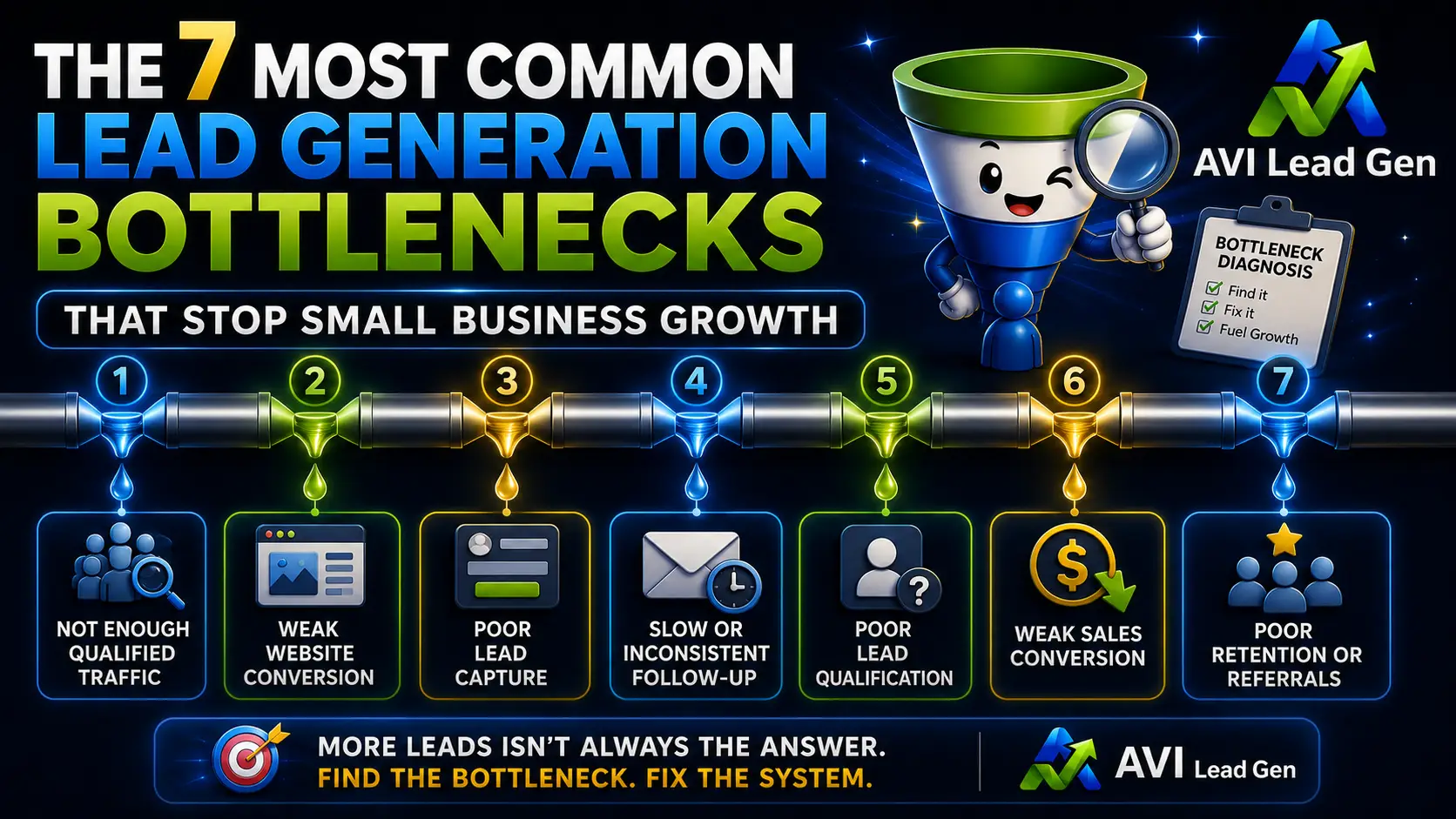 Infographic titled “The 7 Most Common Lead Generation Bottlenecks” features a funnel cartoon and icons for issues like low traffic, weak website, poor capture, and more—highlighting key challenges in small business growth.