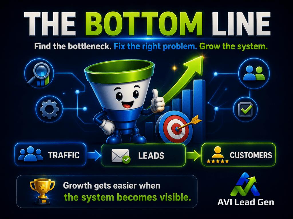 A colorful infographic shows a smiling funnel character with an upward arrow, target, and graphs. It illustrates the flow from traffic to leads to customers. Text emphasizes fixing bottlenecks and visibility for business growth. AVI Lead Gen logo included.