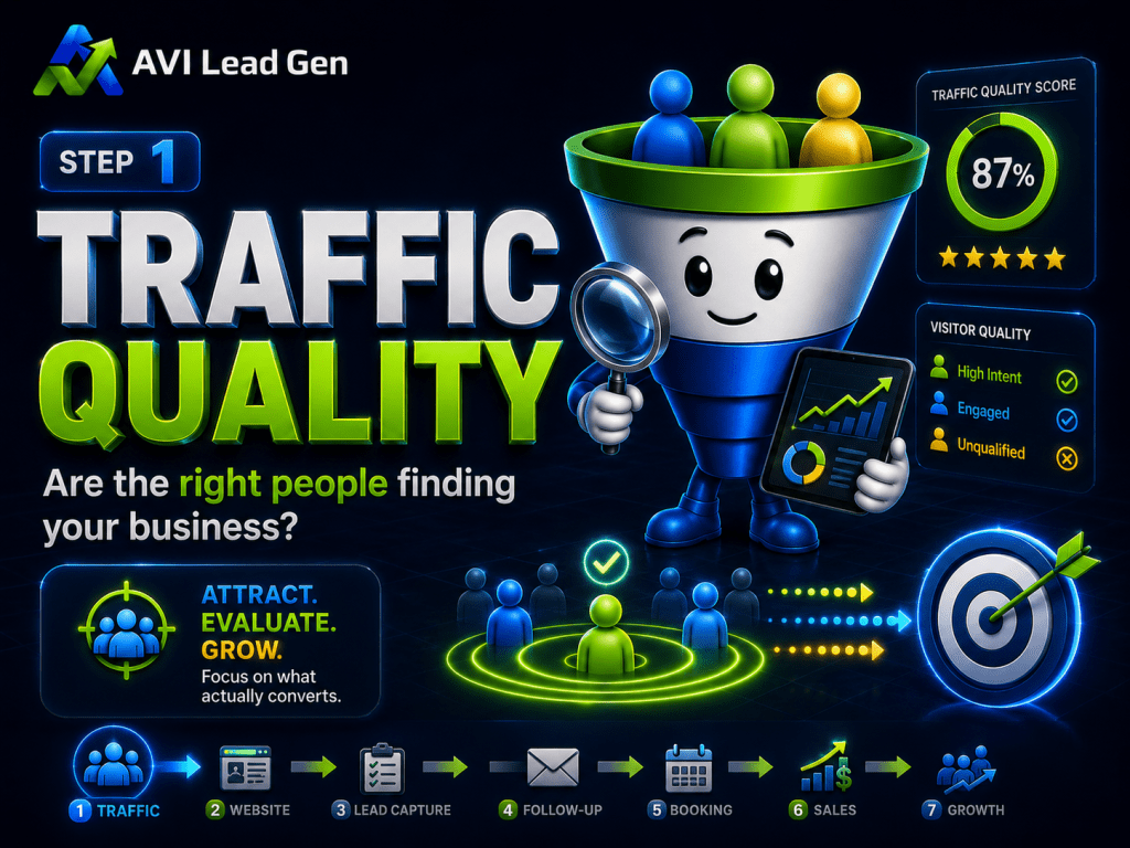 Illustrated infographic titled Traffic Quality shows a smiling funnel character with colored human figures, a tablet, and a traffic quality score of 87%. It highlights steps to attract, evaluate, and grow business leads through a lead generation audit.