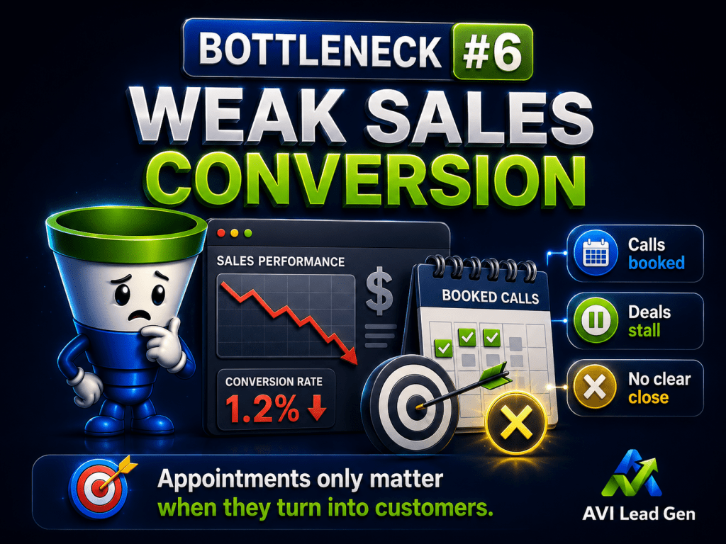 A graphic titled Bottleneck #6: Weak Sales Conversion highlights marketing bottlenecks with a sad funnel, a declining sales graph showing a 1.2% conversion rate, a calendar, and icons for stalled calls, stalled deals, and unclear closes. AVI Lead Gen branding included.