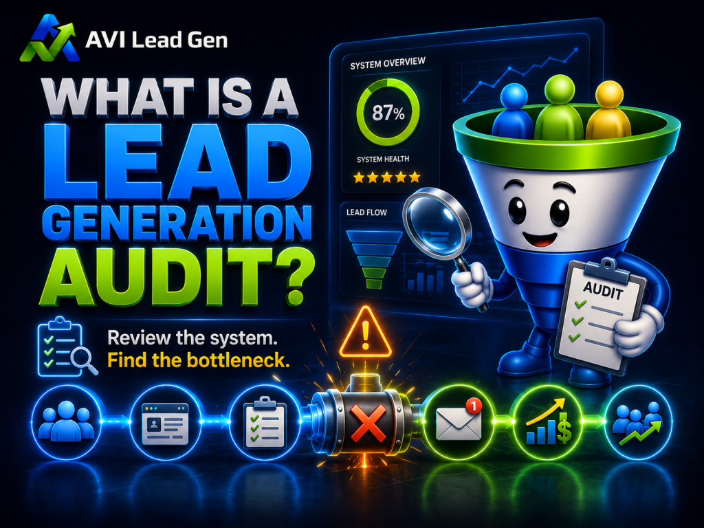 A colorful digital graphic shows a funnel character holding an Audit clipboard, system metrics, and icons for alerts, email, leads, and money. Text reads: “What is a Lead Generation Audit? Review the system. Find the marketing bottleneck.”.