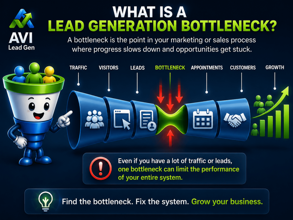 Infographic explains lead generation bottlenecks with a funnel diagram—traffic, visitors, leads, bottleneck, appointments, customers, growth. Text highlights how lead generation bottlenecks impact business performance.