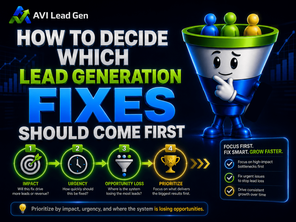 An infographic titled How to Decide Which Lead Generation Fixes Should Come First shows a funnel with leads and four steps: Impact, Urgency, Opportunity Loss, and Prioritize, with icons and brief explanations for each step.