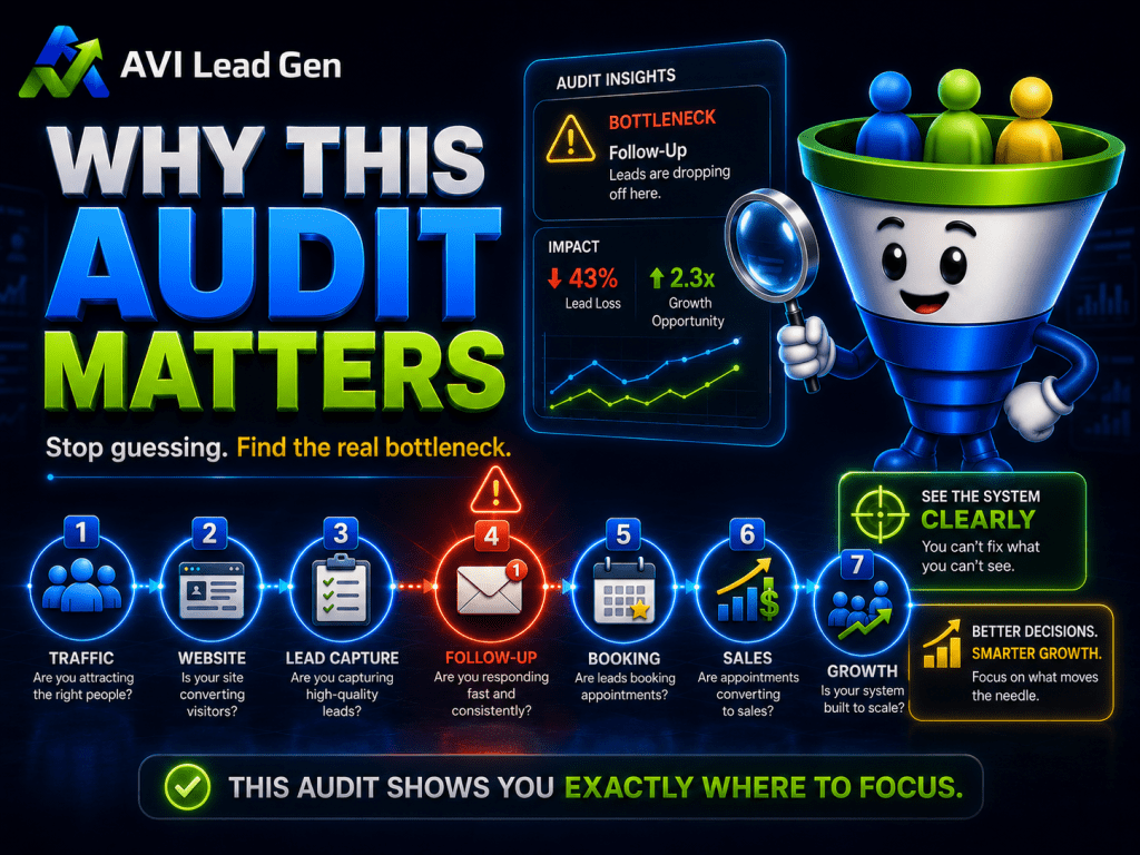 An infographic titled Why This Lead Generation Audit Matters shows a cheerful funnel character and highlights follow-up as a bottleneck in lead generation. It outlines steps from traffic to sales, urging users to find where leads drop off.