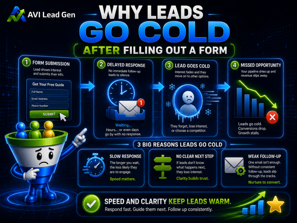 Infographic explaining why leads go cold after form submission, showing delayed response, loss of interest, missed opportunities, and emphasizing fast follow-up to keep leads warm with icons and a funnel character. Illustrates how implementing a strong lead conversion system after a lead fills out your website form can help prevent these issues and maximize engagement.