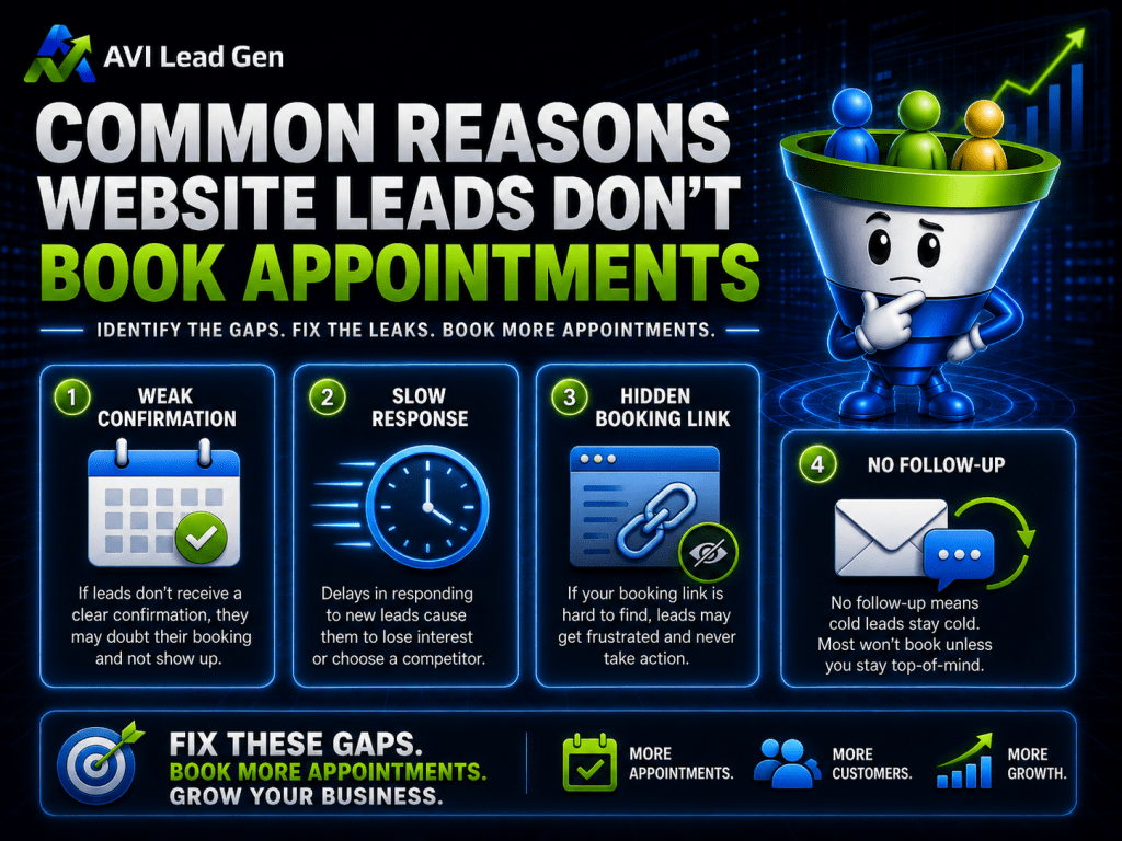 Infographic titled Common Reasons Website Leads Don’t Book Appointments with a sad funnel illustration and four reasons: no confirmation, slow response, hidden booking link, and no follow-up—plus solutions at the bottom explaining how to convert leads into customers using an effective appointment booking system.