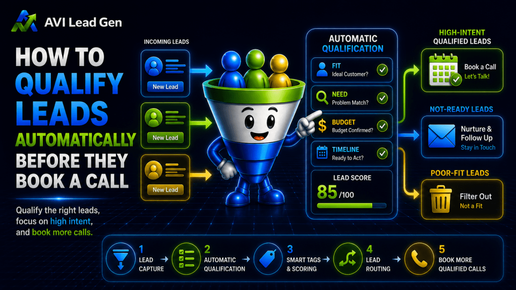Infographic showing how AVI Lead Gen qualifies leads automatically, focusing on high-intent leads. It illustrates a funnel process, highlighting lead capture, automatic qualification, scoring, routing, and next steps for each lead type.