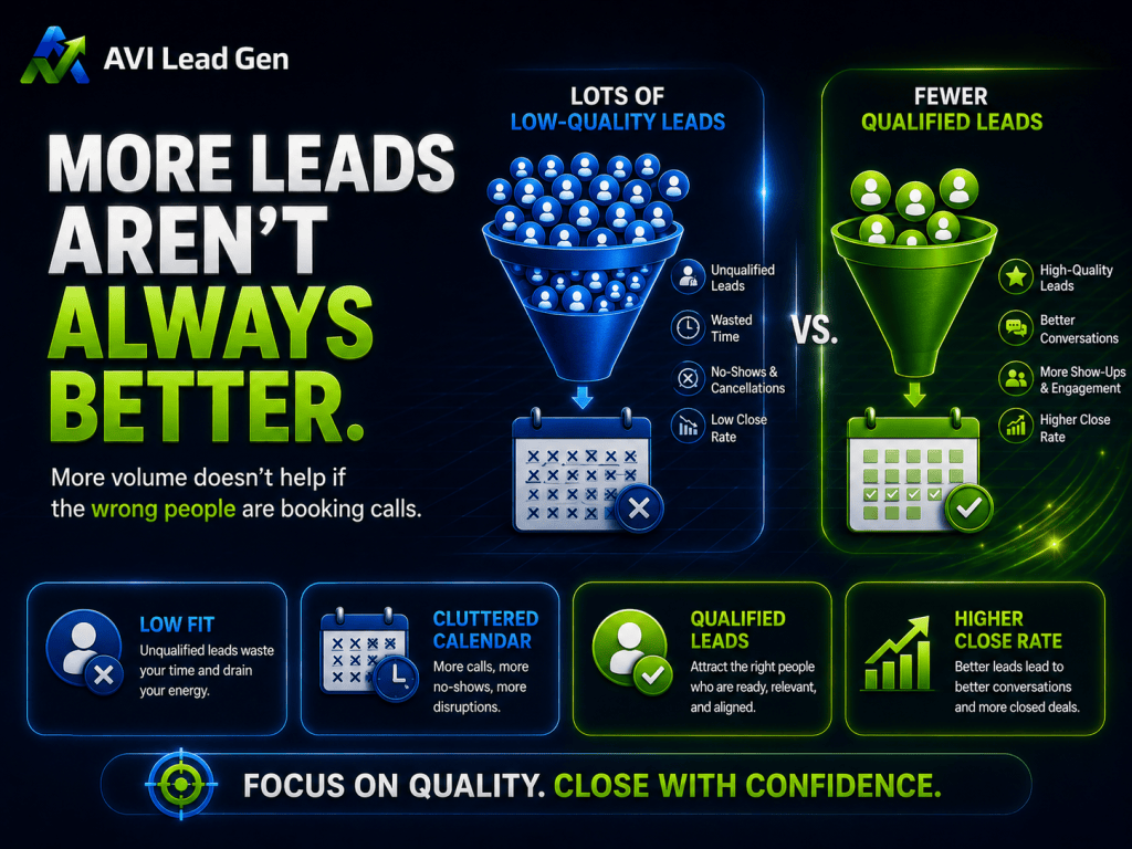 Infographic comparing lots of low-quality leads (unqualified, no-shows, time-wasters) with fewer qualified leads (better clients, higher close rate). Highlights the importance of asking: should every lead book a call? Emphasizes quality over quantity in lead generation.