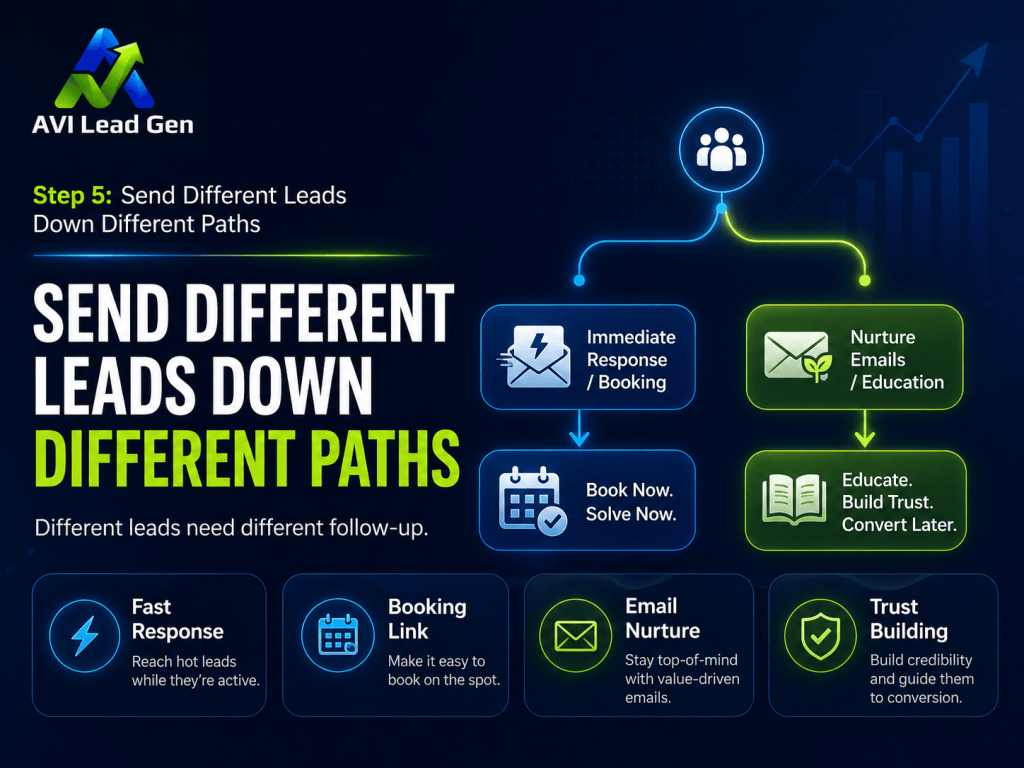 Infographic showing two lead paths: immediate booking or email nurture. Icons illustrate fast response, lead routing, booking link, nurture emails, and trust-building. Title: Send Different Leads Down Different Paths.