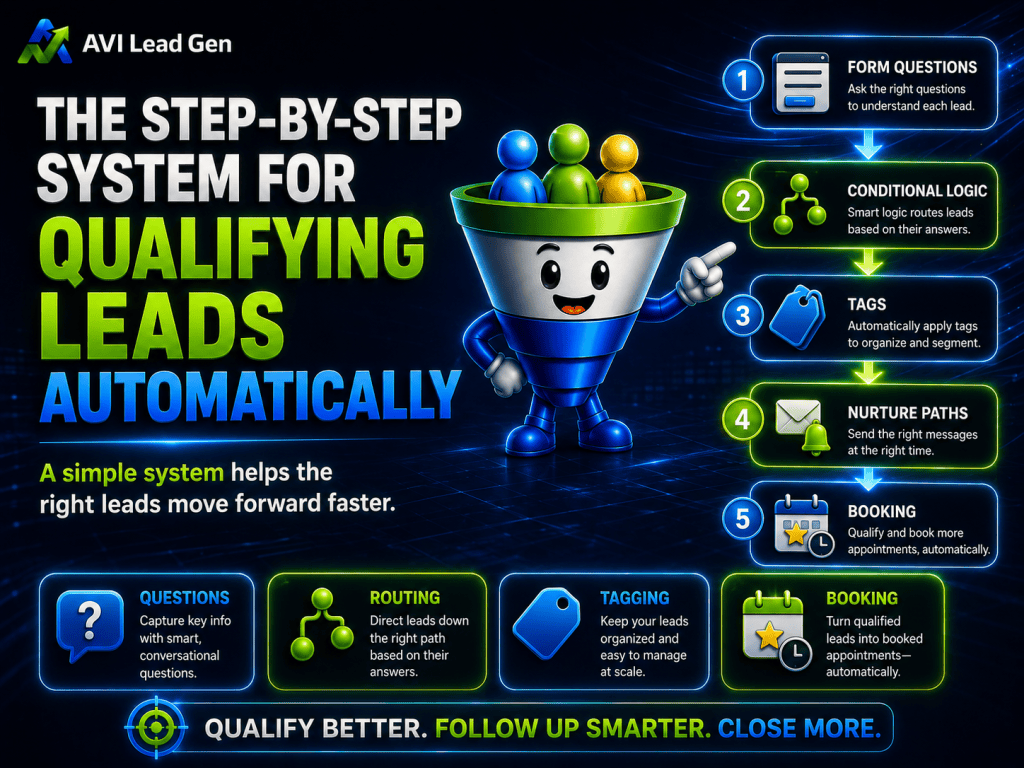 Infographic for AVI Lead Gen showing a funnel cartoon character and five steps for qualifying leads: form questions, conditional logic, tagging, nurture paths, and booking. Bright colors and icons illustrate each step in the process.