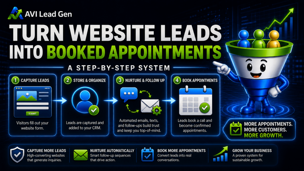 Infographic titled Turn Website Leads Into Booked Appointments illustrates a four-step lead system with clear icons: capture, store, nurture, book. The right side features a funnel graphic alongside text that emphasizes the value of the process—turn website leads into booked appointments for more appointments, more customers, and greater business growth.